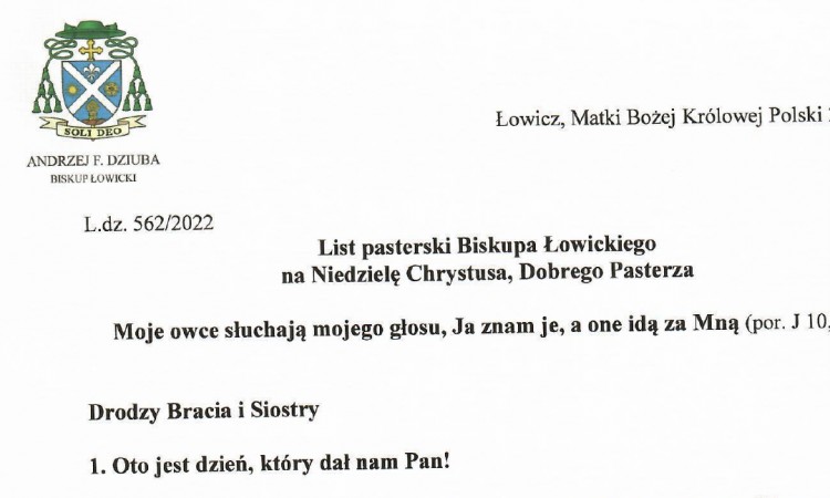 List Biskupa Łowickiego na Niedzielę Chrystusa, Dobrego Pasterza 2022